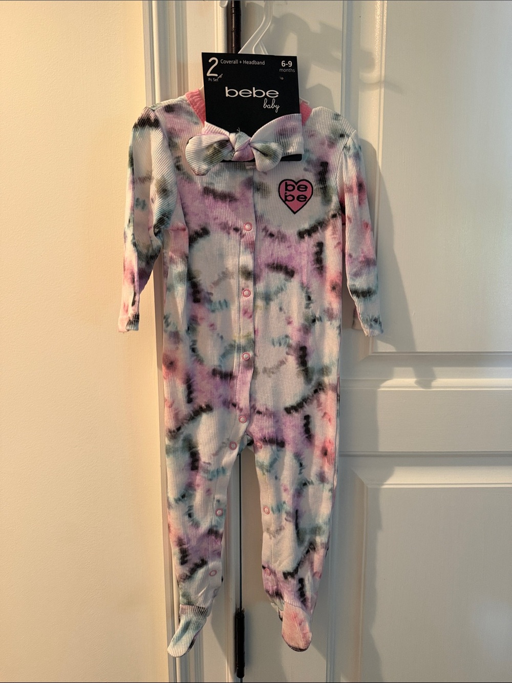 bebe White Pink and Purple Tie-Dye Footed One-Piece with Headband